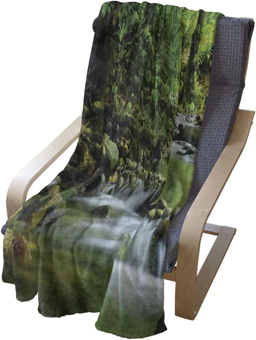 Ambesonne Rainforest Throw Blanket, Mountain Stream in a Tropical Rain Forest Foliage Countryside Wilderness Scene, Flannel Fleece Accent Piece Soft Couch Cover for Adults, 50" x 60", Green Brown