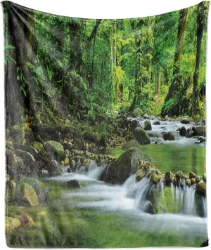 Ambesonne Rainforest Throw Blanket, Mountain Stream in a Tropical Rain Forest Foliage Countryside Wilderness Scene, Flannel Fleece Accent Piece Soft Couch Cover for Adults, 50" x 60", Green Brown