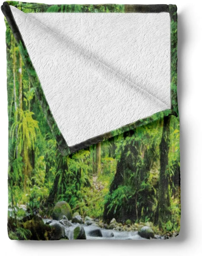 Ambesonne Rainforest Throw Blanket, Mountain Stream in a Tropical Rain Forest Foliage Countryside Wilderness Scene, Flannel Fleece Accent Piece Soft Couch Cover for Adults, 50" x 60", Green Brown