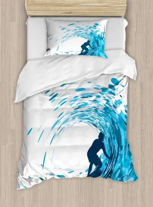 Ambesonne Ride The Wave Duvet Cover Set, Silhouette of a Surfer Under Giant Ocean Waves Athlete Hobby Lifestyle Image, Decorative 2 Piece Bedding Set with 1 Pillow Sham, Twin Size, Night Blue