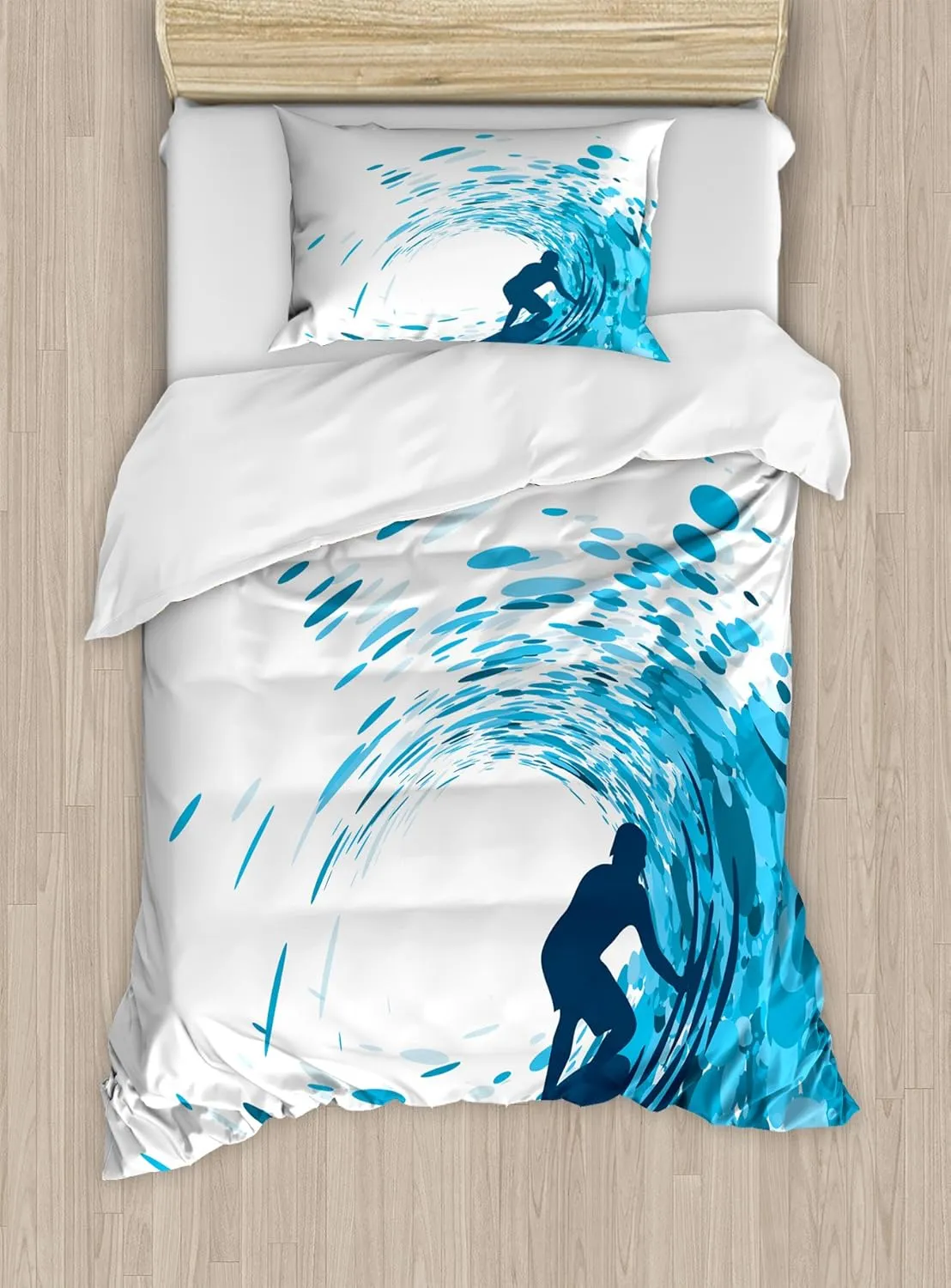 Ambesonne Ride The Wave Duvet Cover Set, Silhouette of a Surfer Under Giant Ocean Waves Athlete Hobby Lifestyle Image, Decorative 2 Piece Bedding Set with 1 Pillow Sham, Twin Size, Night Blue