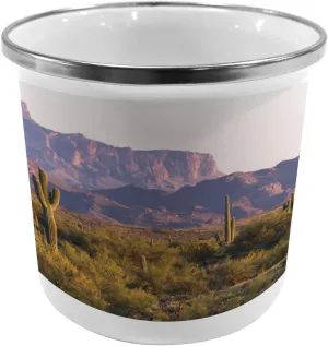 Ambesonne Saguaro Metal Camping Cup, Arizona Desert Landscape with Cactus Mountain in Spring Evening Wilderness Picture, Stainless Steel Mug for Indoor and Outdoor Activities, Brown Green
