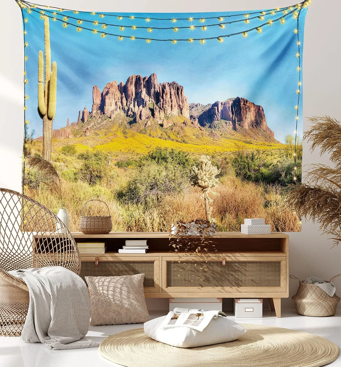 Ambesonne Saguaro Tapestry Queen Size, Blooming Brittlebush Superstition Wilderness by The Mountain Phoenix View, Wall Hanging Bedspread Bed Cover Wall Decor, Queen Size, Orange and Brown