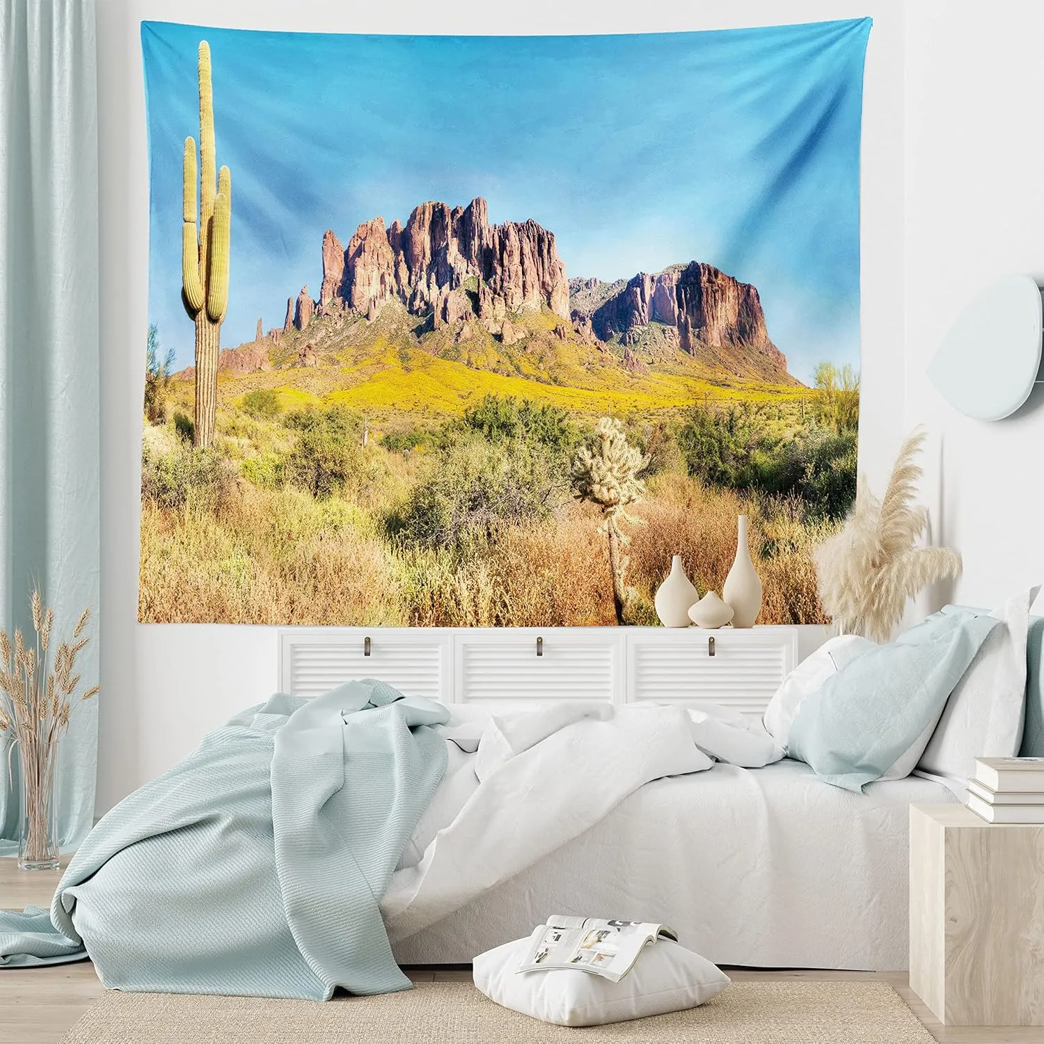 Ambesonne Saguaro Tapestry Queen Size, Blooming Brittlebush Superstition Wilderness by The Mountain Phoenix View, Wall Hanging Bedspread Bed Cover Wall Decor, Queen Size, Orange and Brown