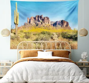 Ambesonne Saguaro Tapestry Queen Size, Blooming Brittlebush Superstition Wilderness by The Mountain Phoenix View, Wall Hanging Bedspread Bed Cover Wall Decor, Queen Size, Orange and Brown