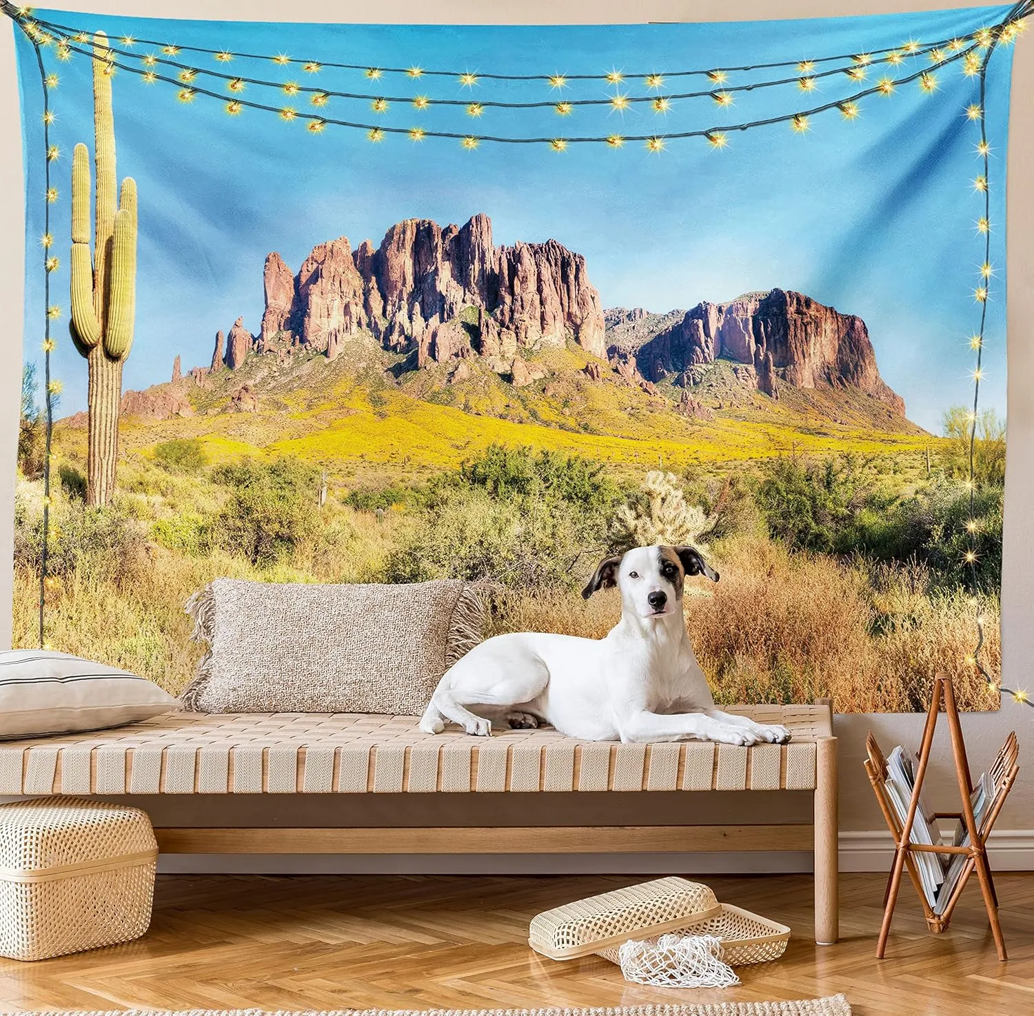 Ambesonne Saguaro Tapestry Queen Size, Blooming Brittlebush Superstition Wilderness by The Mountain Phoenix View, Wall Hanging Bedspread Bed Cover Wall Decor, Queen Size, Orange and Brown