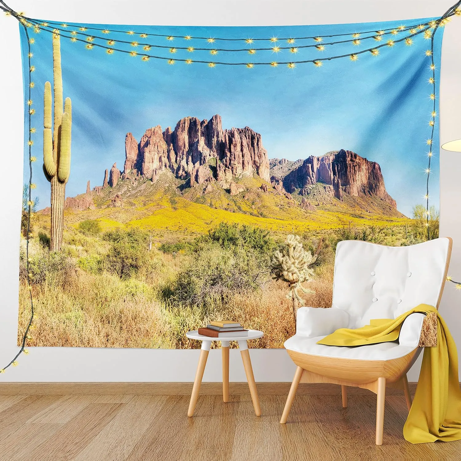Ambesonne Saguaro Tapestry Queen Size, Blooming Brittlebush Superstition Wilderness by The Mountain Phoenix View, Wall Hanging Bedspread Bed Cover Wall Decor, Queen Size, Orange and Brown