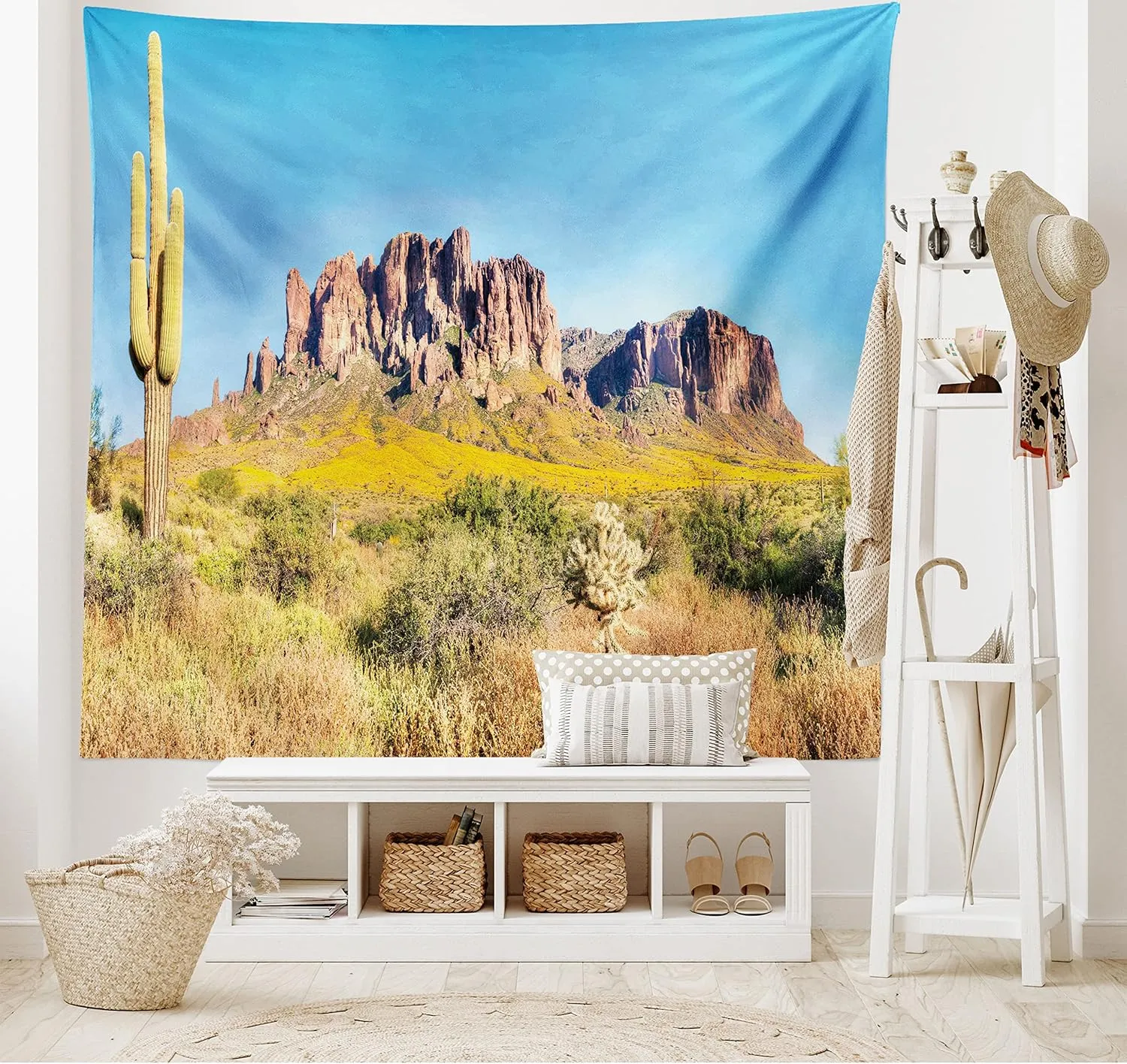Ambesonne Saguaro Tapestry Queen Size, Blooming Brittlebush Superstition Wilderness by The Mountain Phoenix View, Wall Hanging Bedspread Bed Cover Wall Decor, Queen Size, Orange and Brown