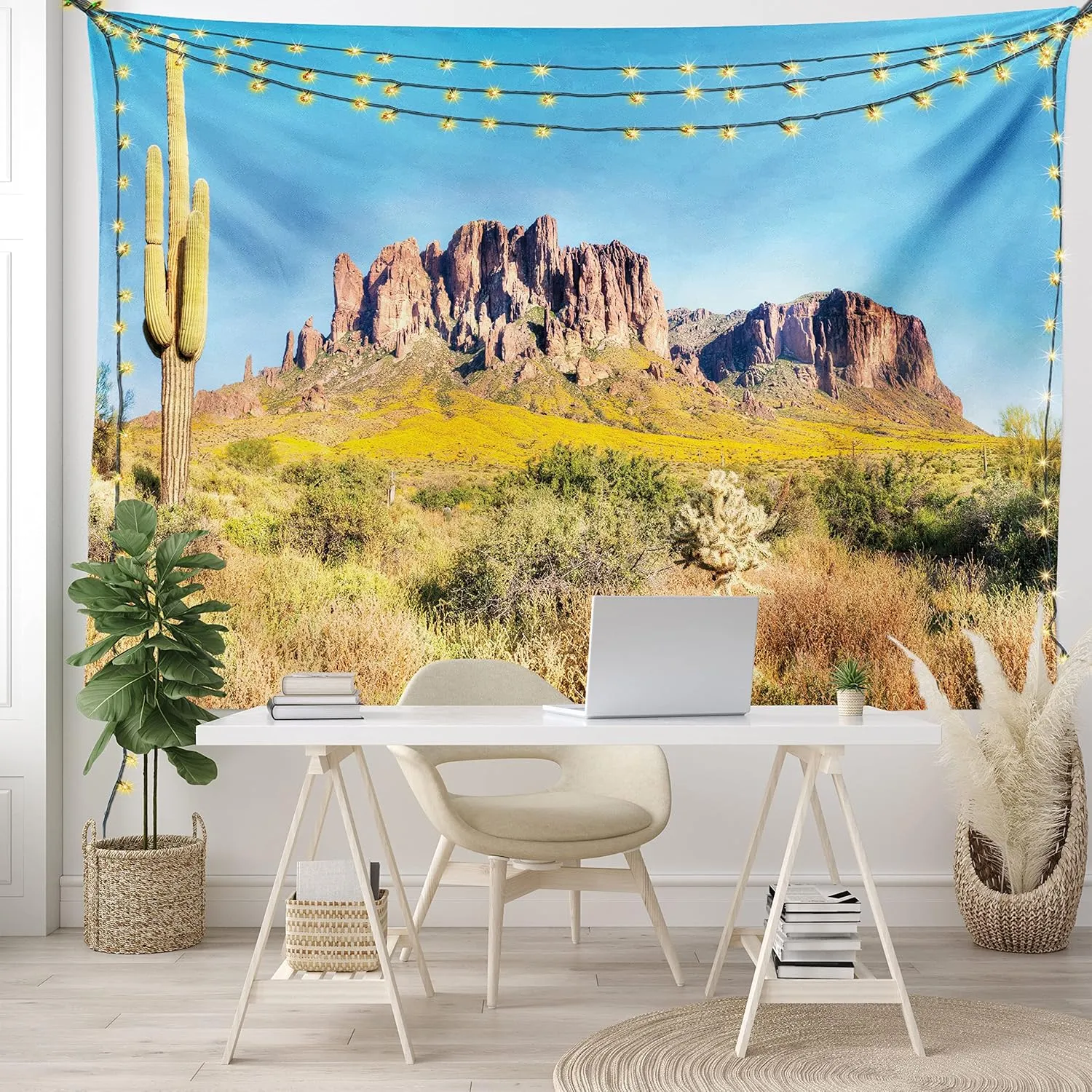 Ambesonne Saguaro Tapestry Queen Size, Blooming Brittlebush Superstition Wilderness by The Mountain Phoenix View, Wall Hanging Bedspread Bed Cover Wall Decor, Queen Size, Orange and Brown