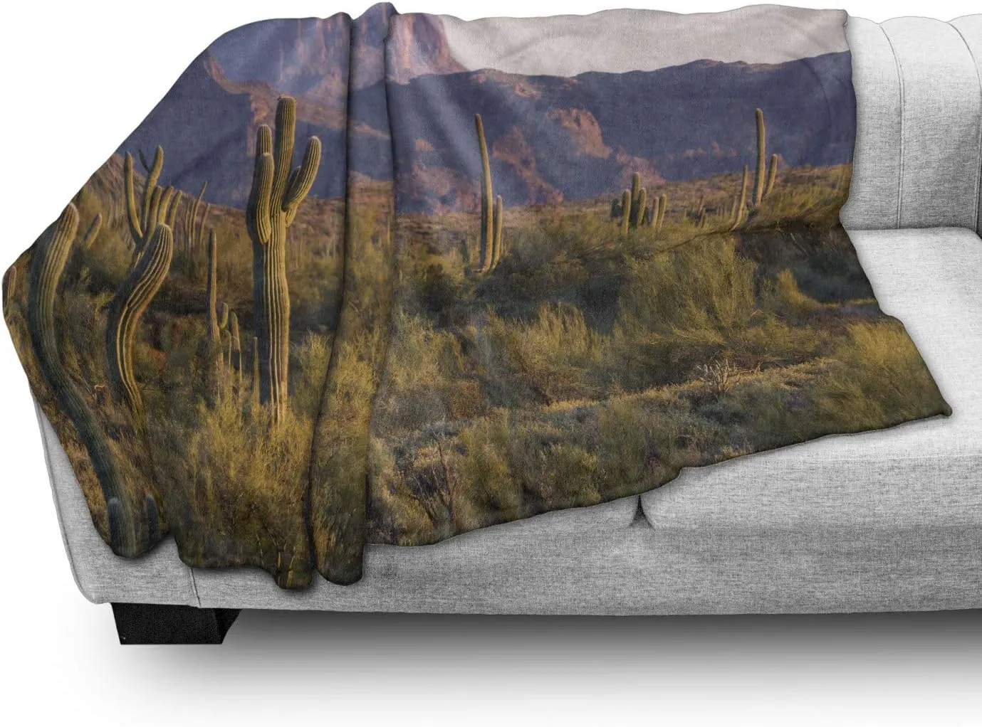 Ambesonne Saguaro Throw Blanket, Arizona Desert Landscape with Cactus Mountain in Spring Evening Wilderness Picture, Flannel Fleece Accent Piece Soft Couch Cover for Adults, 60" x 80", Brown Green