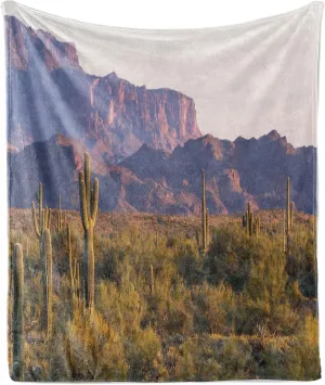 Ambesonne Saguaro Throw Blanket, Arizona Desert Landscape with Cactus Mountain in Spring Evening Wilderness Picture, Flannel Fleece Accent Piece Soft Couch Cover for Adults, 60" x 80", Brown Green
