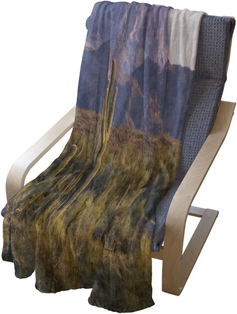 Ambesonne Saguaro Throw Blanket, Arizona Desert Landscape with Cactus Mountain in Spring Evening Wilderness Picture, Flannel Fleece Accent Piece Soft Couch Cover for Adults, 60" x 80", Brown Green