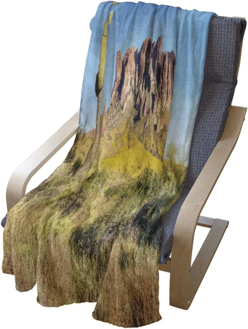 Ambesonne Saguaro Throw Blanket, Blooming Brittlebush Superstition Wilderness by The Mountain Phoenix View, Flannel Fleece Accent Piece Soft Couch Cover for Adults, 50" x 70", Orange and Brown