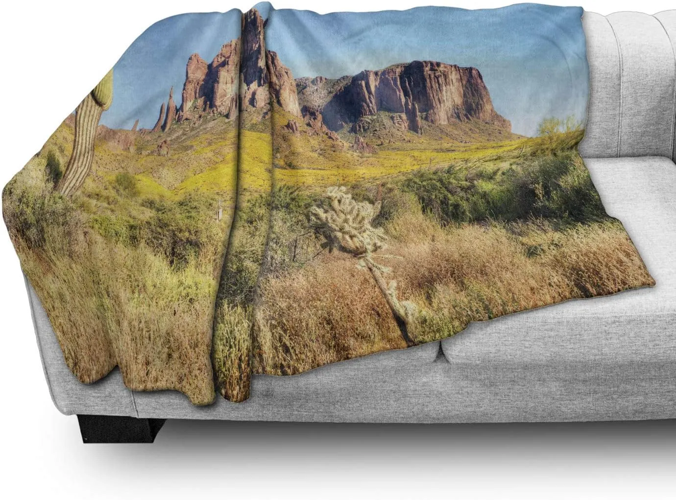 Ambesonne Saguaro Throw Blanket, Blooming Brittlebush Superstition Wilderness by The Mountain Phoenix View, Flannel Fleece Accent Piece Soft Couch Cover for Adults, 50" x 70", Orange and Brown