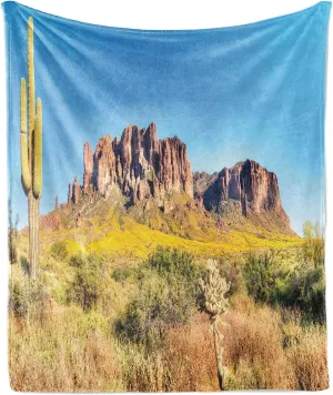 Ambesonne Saguaro Throw Blanket, Blooming Brittlebush Superstition Wilderness by The Mountain Phoenix View, Flannel Fleece Accent Piece Soft Couch Cover for Adults, 50" x 70", Orange and Brown