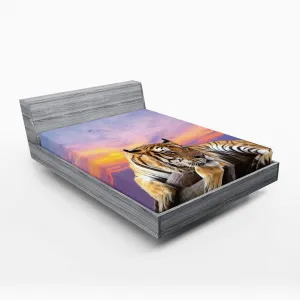 Ambesonne Savannah Fitted Sheet, Tiger Lying on Wood Blue Sky Colorful Ombre Sunset Pose Stripes Claws, Soft Decorative Fabric Bedding All-Round Elastic Pocket, Full Size, Lavender Orange
