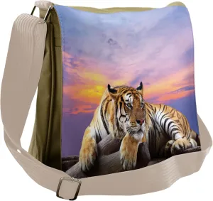 Ambesonne Savannah Messenger Bag, Tiger and Colorful Sunset, Unisex Cross-body