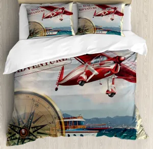 Ambesonne Saying Duvet Cover Set, Real Adventure Words Coastline and a Red Airplane Journey Travel Themed Art, Decorative 3 Piece Bedding Set with 2 Pillow Shams, Queen Size, Ruby Beige