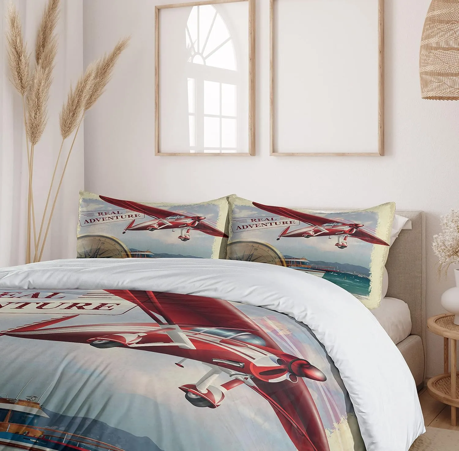 Ambesonne Saying Duvet Cover Set, Real Adventure Words Coastline and a Red Airplane Journey Travel Themed Art, Decorative 3 Piece Bedding Set with 2 Pillow Shams, Queen Size, Ruby Beige