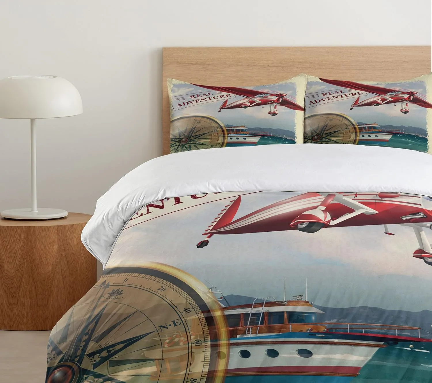 Ambesonne Saying Duvet Cover Set, Real Adventure Words Coastline and a Red Airplane Journey Travel Themed Art, Decorative 3 Piece Bedding Set with 2 Pillow Shams, Queen Size, Ruby Beige