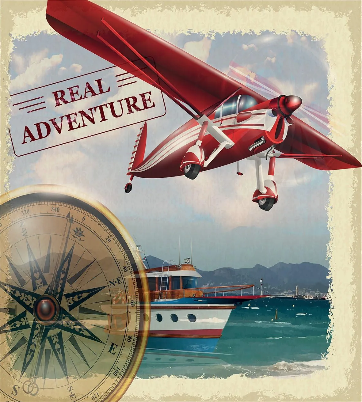 Ambesonne Saying Duvet Cover Set, Real Adventure Words Coastline and a Red Airplane Journey Travel Themed Art, Decorative 3 Piece Bedding Set with 2 Pillow Shams, Queen Size, Ruby Beige