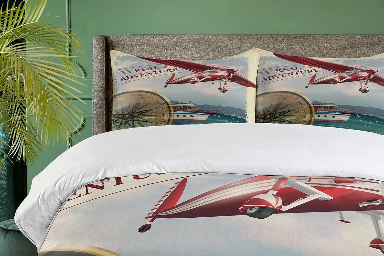 Ambesonne Saying Duvet Cover Set, Real Adventure Words Coastline and a Red Airplane Journey Travel Themed Art, Decorative 3 Piece Bedding Set with 2 Pillow Shams, Queen Size, Ruby Beige