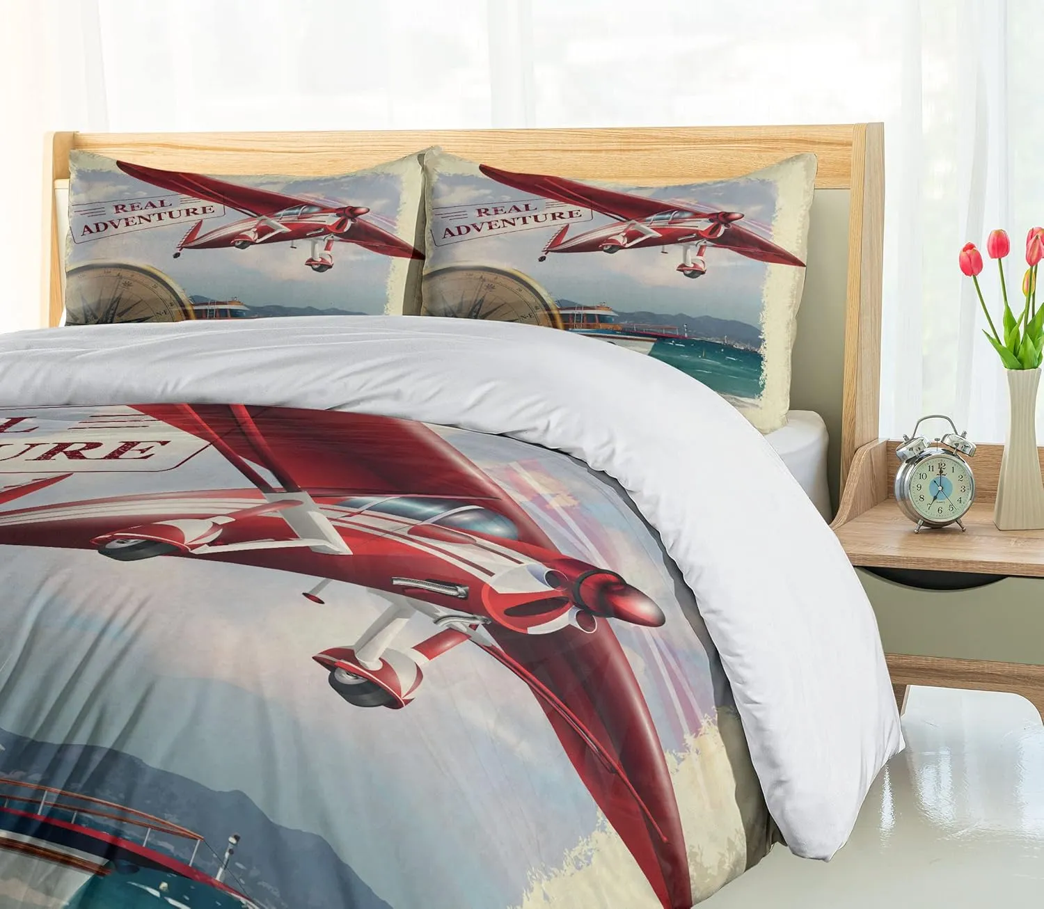 Ambesonne Saying Duvet Cover Set, Real Adventure Words Coastline and a Red Airplane Journey Travel Themed Art, Decorative 3 Piece Bedding Set with 2 Pillow Shams, Queen Size, Ruby Beige