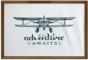 Ambesonne Saying Framed Wall Art, Vintage Airplane Design with Freedom Message Flying Aircraft Adventure, Fabric Decor with Teak Tone Wood Frame Home & Dorm Decor, 35" x 23", Dark Petrol Blue White