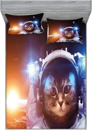 Ambesonne Space Cat Fitted Sheet & Pillow Sham Set, Kitten in Space Suit Sun Lunar Eclipse Over Planet Stars Image, Decorative Printed 3 Piece Bedding Decor Set, Queen, Dark Blue Orange