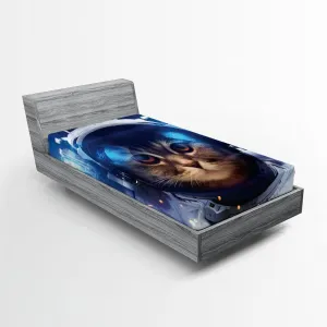 Ambesonne Space Cat Fitted Sheet, Felline Astronaut Theme Funny Illustration with Science Themes Exploring Universe, Bed Cover with All-Round Elastic Deep Pocket for Comfort, Twin Size, Blue Brown