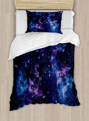 Ambesonne Space Duvet Cover Set, Mystical Sky with Star Clusters Cosmos Nebula Celestial Scenery Artwork, Decorative 2 Piece Bedding Set with 1 Pillow Sham, Twin Size, Blue