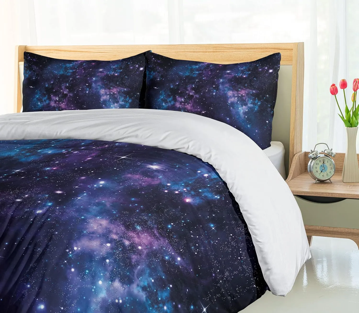 Ambesonne Space Duvet Cover Set, Mystical Sky with Star Clusters Cosmos Nebula Celestial Scenery Artwork, Decorative 2 Piece Bedding Set with 1 Pillow Sham, Twin Size, Blue