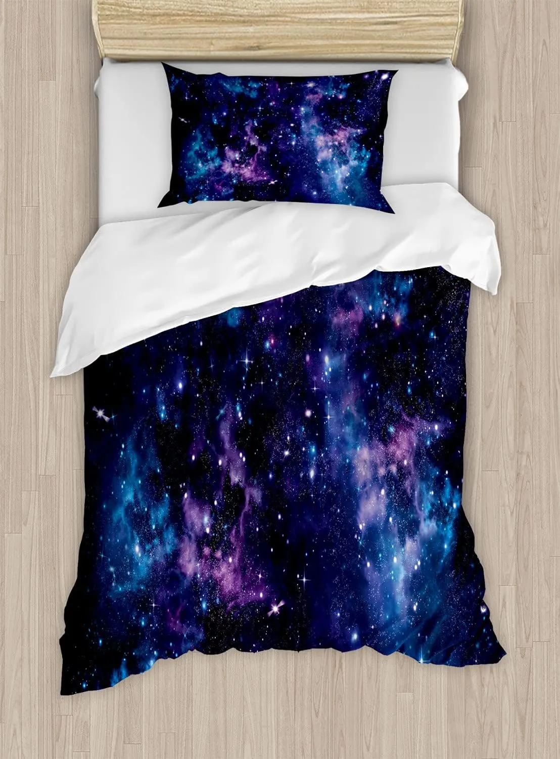 Ambesonne Space Duvet Cover Set, Mystical Sky with Star Clusters Cosmos Nebula Celestial Scenery Artwork, Decorative 2 Piece Bedding Set with 1 Pillow Sham, Twin Size, Blue