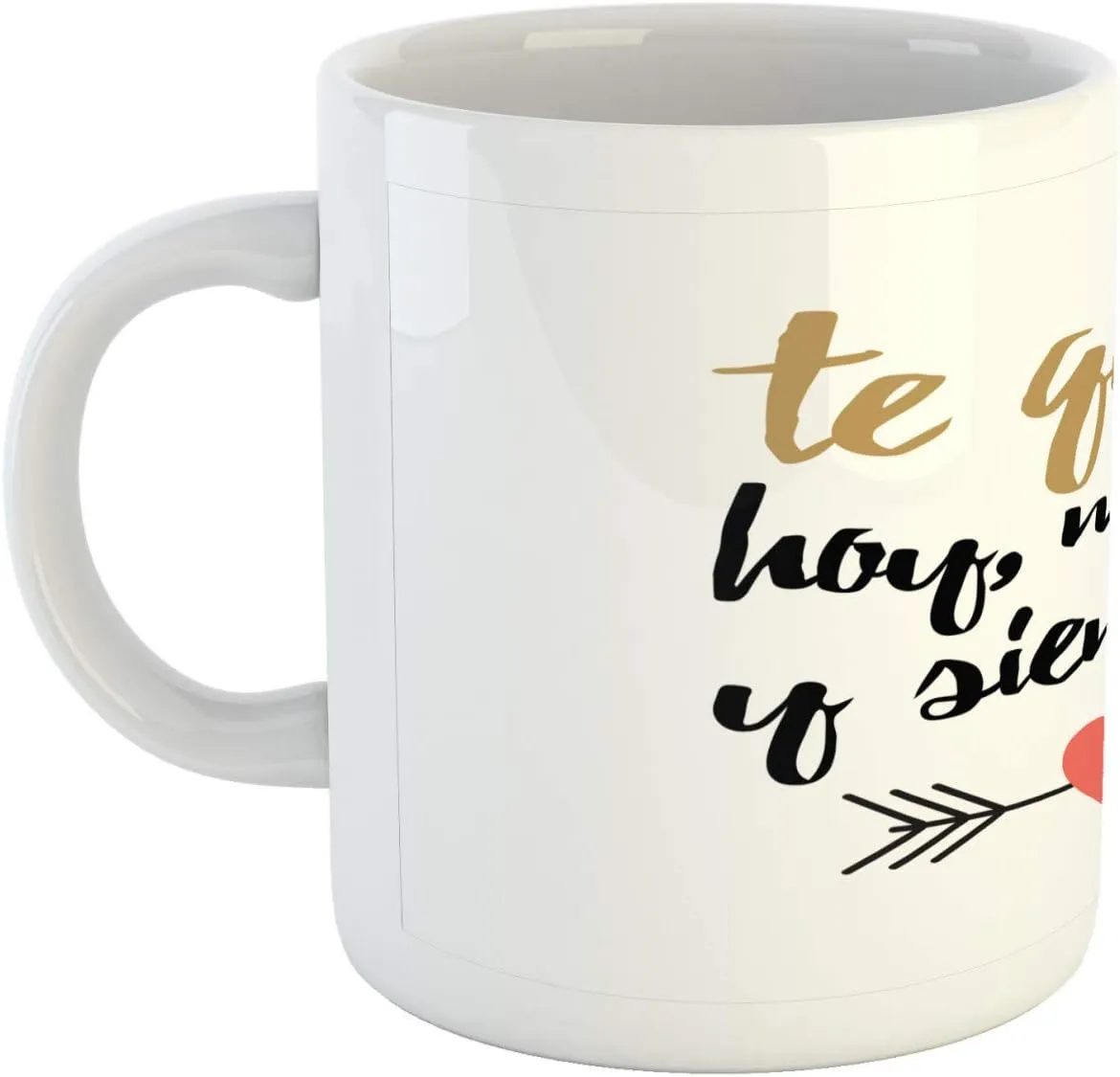 Ambesonne Spanish Mug, Te Quiero Hoy Manana Y Siempre Love Words with Heart on Arrow Valentines, Ceramic Coffee Mug Cup for Water Tea Drinks, 11 oz, Black White