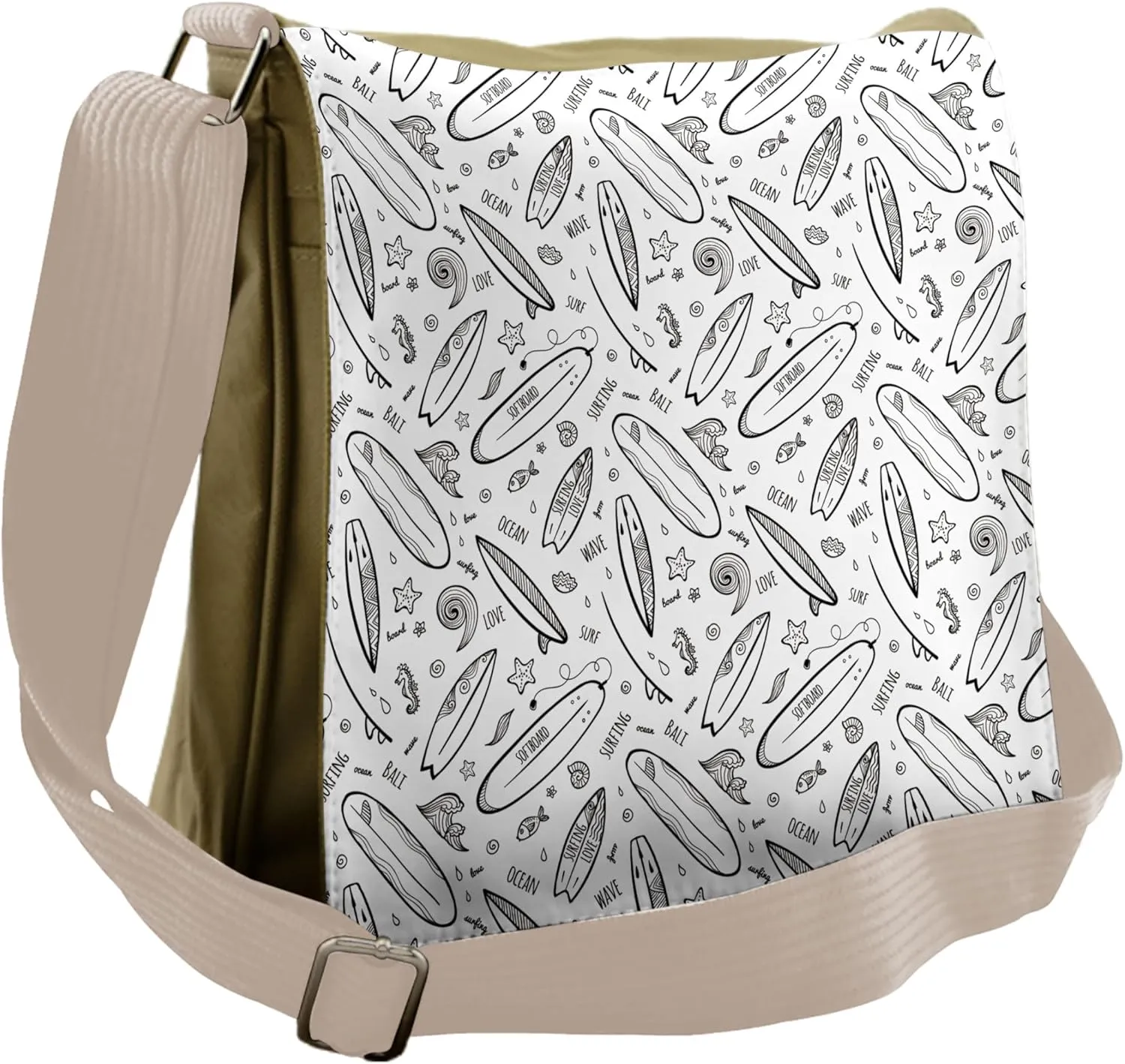 Ambesonne Surfboard Messenger Bag, Monochrome Coastal, Unisex Cross-body