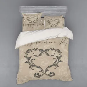 Ambesonne Taupe Bedding Set, Happy Valentine's Day Hand Writing Laurel Leaves Forming a Heart Victorian, 4 Piece Duvet Cover Set with Shams and Fitted Sheet, Queen Size, Taupe Tan