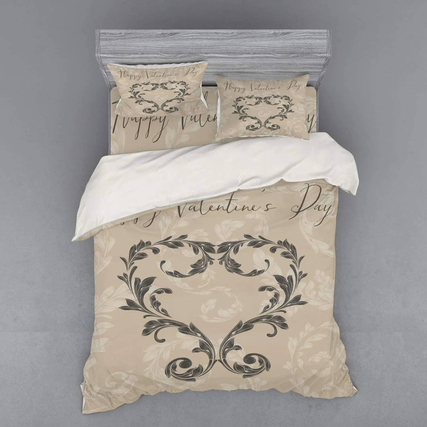 Ambesonne Taupe Bedding Set, Happy Valentine's Day Hand Writing Laurel Leaves Forming a Heart Victorian, 4 Piece Duvet Cover Set with Shams and Fitted Sheet, Queen Size, Taupe Tan