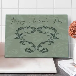Ambesonne Taupe Cutting Board, Happy Valentine's Day Hand Writing Laurel Leaves Forming a Heart Victorian, Decorative Tempered Glass Cutting and Serving Board, Large Size, Taupe Tan
