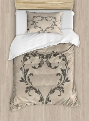 Ambesonne Taupe Duvet Cover Sets, Happy Valentine's Day Hand Writing Laurel Leaves Forming a Heart Victorian, Bedding Set with 2 Duvet Covers & 4 Pillowcases, 2 Pack Queen Size, Taupe Tan