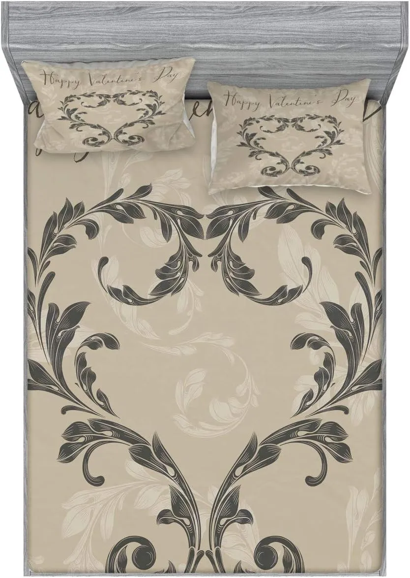 Ambesonne Taupe Fitted Sheet & Pillow Sham Set, Happy Valentine's Day Hand Writing Laurel Leaves Forming a Heart Victorian, Decorative Printed 3 Piece Bedding Decor Set, Full, Taupe Tan