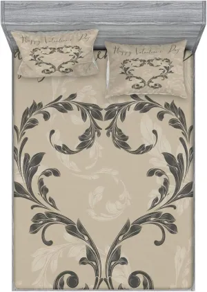 Ambesonne Taupe Fitted Sheet & Pillow Sham Set, Happy Valentine's Day Hand Writing Laurel Leaves Forming a Heart Victorian, Decorative Printed 3 Piece Bedding Decor Set, Full, Taupe Tan