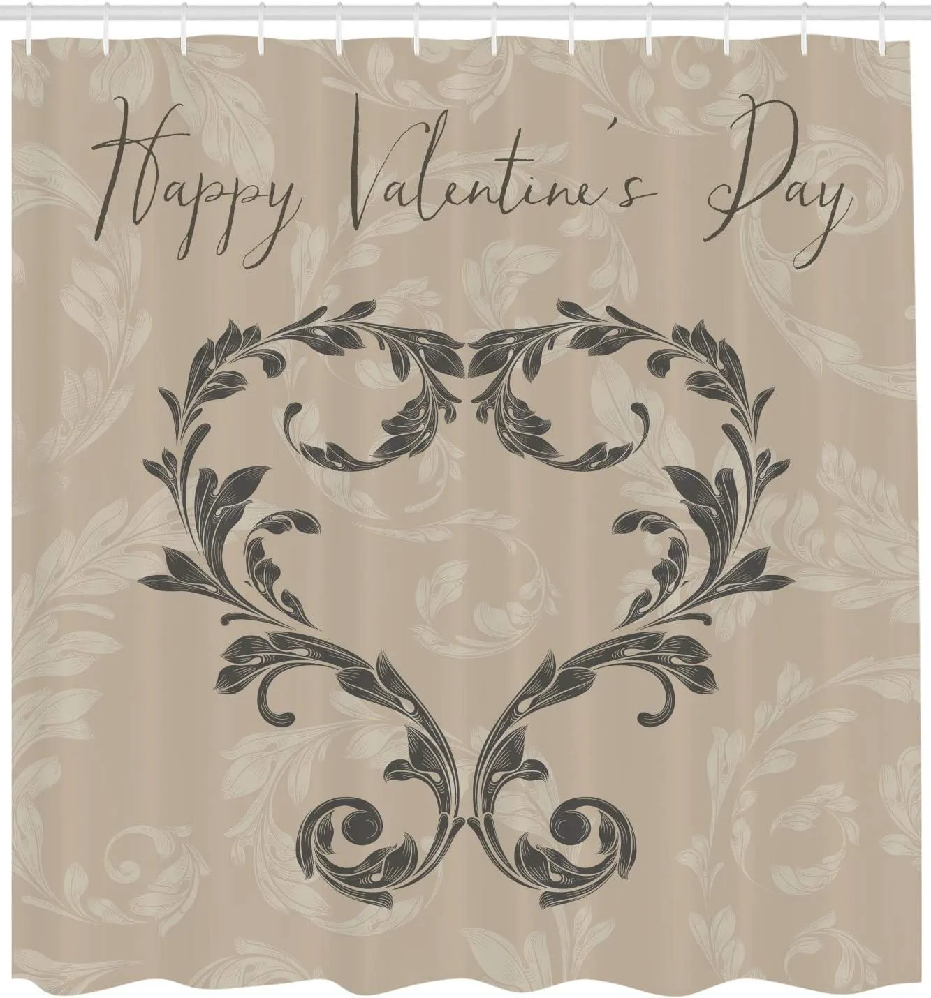 Ambesonne Taupe Shower Curtain, Happy Valentine's Day Hand Writing Laurel Leaves Forming a Heart Victorian, Cloth Fabric Bathroom Decor Set with Hooks, 105" Extra Wide, Taupe Tan