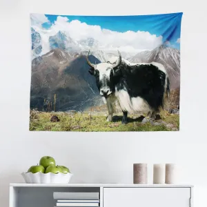 Ambesonne Tibetan Tapestry, Indigenous Bull in the Mountains Picture Rural Nature Wilderness Agriculture Theme, Fabric Wall Hanging Decor for Bedroom Living Room Dorm, 28" X 23", Multicolor