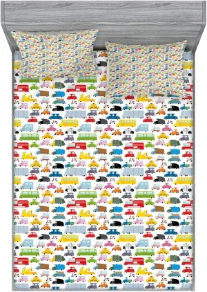 Ambesonne Transportation Fitted Sheet & Pillow Sham Set, Colorful Repetitive Waste Vehicles Pattern in Various Shapes and Colors, Decorative Printed 3 Piece Bedding Decor Set, King, Multicolor