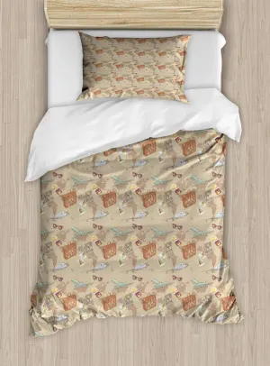 Ambesonne Travel Duvet Cover Sets, Repeating Pattern with Plane Bag Camera and World Map Vintage Retro Style Print, Bedding Set with 2 Duvet Covers & 4 Pillowcases, 2 Pack Queen Size, Multicolor