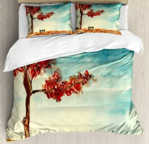 Ambesonne Tree Duvet Cover Sets, Watercolors Design of a Tree and Bench Earth Ecological Protection for Future Image, Bedding Set with 2 Duvet Covers & 2 Pillowcases, 2 Pack Twin Size, Orange Blue