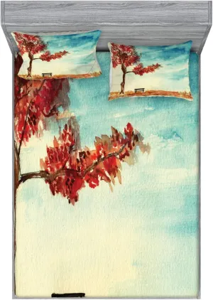 Ambesonne Tree Fitted Sheet & Pillow Sham Set, Watercolors Design of a Tree and Bench Earth Ecological Protection for Future Image, Decorative Printed 3 Piece Bedding Decor Set, King, Orange Blue