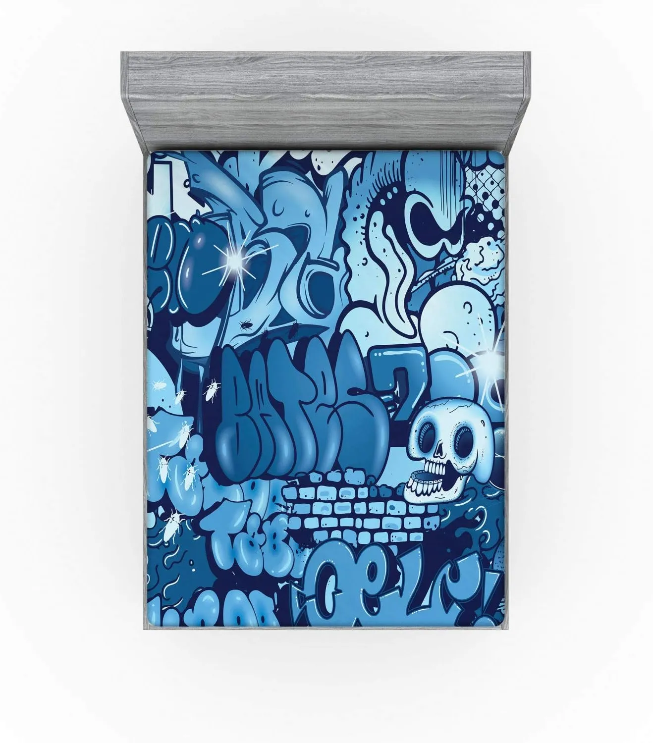 Ambesonne Urban Graffiti Fitted Sheet, Xenomorph Alien and Skull on Aquatic Shaded Street Art, Soft Decorative Fabric Bedding All-Round Elastic Pocket, Queen Size, Sky Blue
