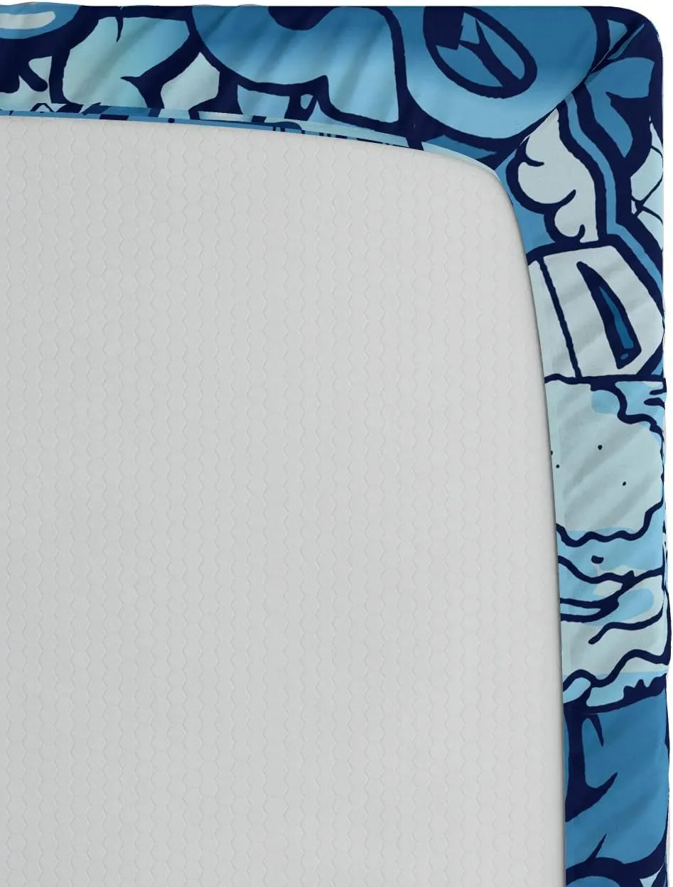 Ambesonne Urban Graffiti Fitted Sheet, Xenomorph Alien and Skull on Aquatic Shaded Street Art, Soft Decorative Fabric Bedding All-Round Elastic Pocket, Queen Size, Sky Blue