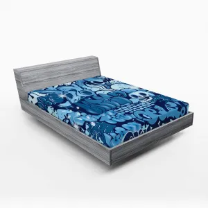 Ambesonne Urban Graffiti Fitted Sheet, Xenomorph Alien and Skull on Aquatic Shaded Street Art, Soft Decorative Fabric Bedding All-Round Elastic Pocket, Queen Size, Sky Blue